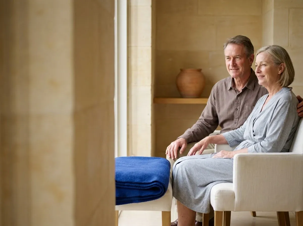 Two older adults sitting together by a window in a calm, softly lit room