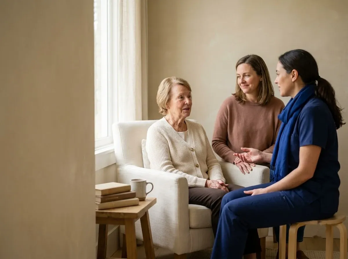 An older woman seated in an armchair talking with a nurse, while a family member sits alongside her