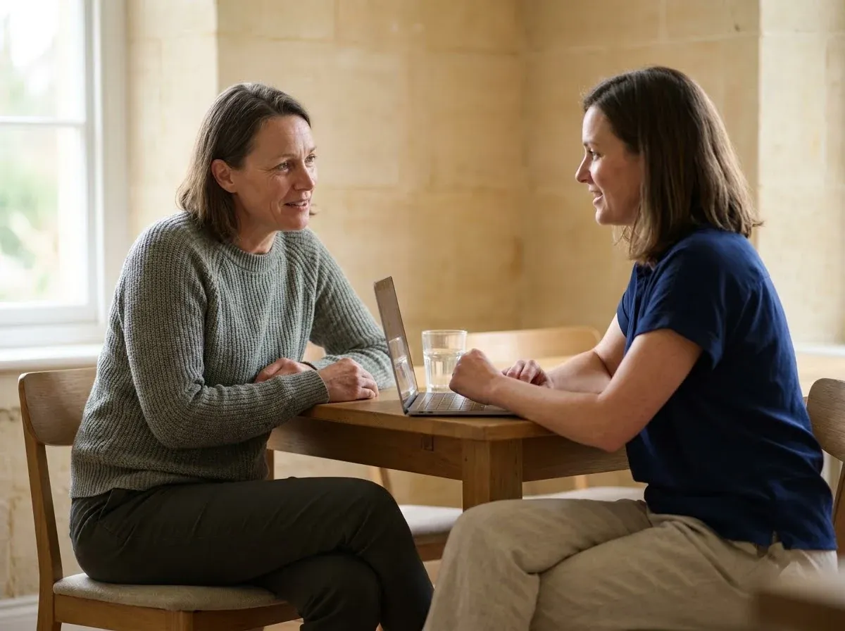 A patient and a nurse working through a plan together at a table with a laptop