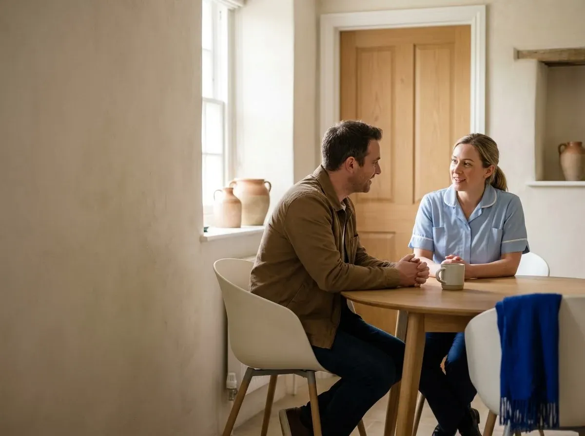 An adult patient and a nurse talking across a small table in a private, ordinary room